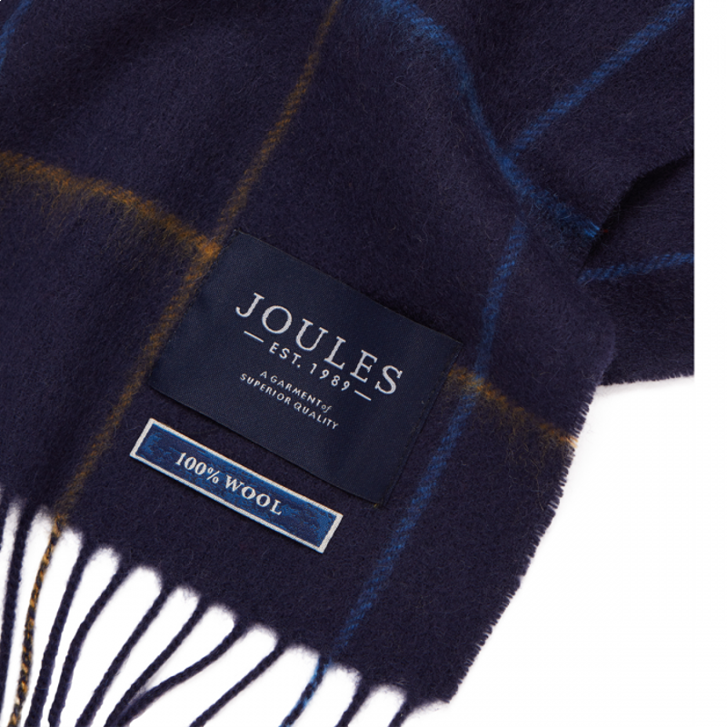 Joules Tytherton Mens Wool Checked Scarf - Navy Yellow Check-1