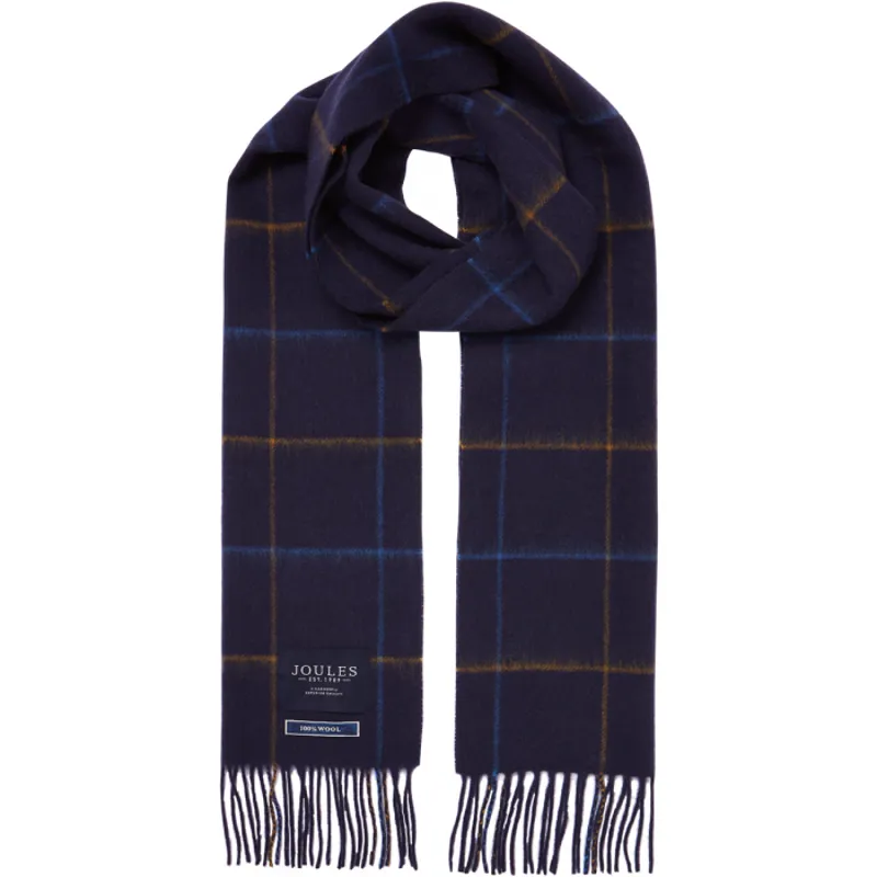 Joules Tytherton Mens Wool Checked Scarf - Navy Yellow Check-2