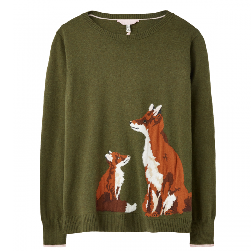 Joules Miranda Knitted Intarsia Crew Neck Jumper - Green Fox-2