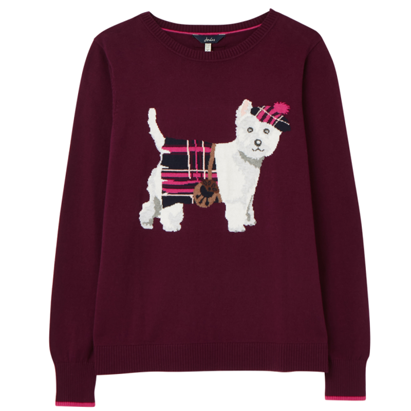 Joules Miranda Knitted Intarsia Crew Neck Jumper - Purple Dog-2