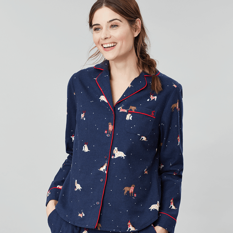 Joules Cait Button Through Classic PJ Top - Xmas Dogs-1