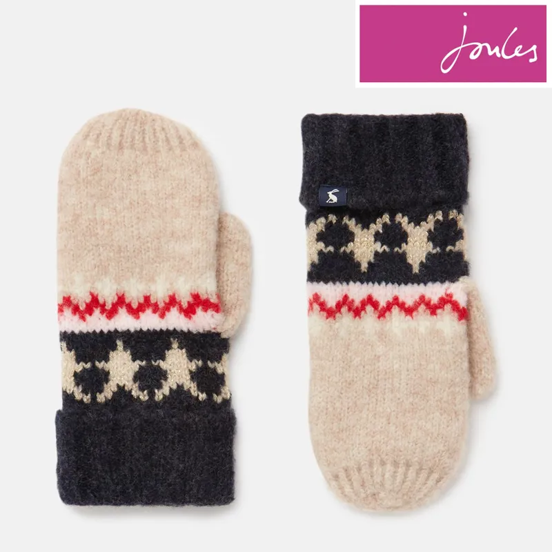 Joules Wilbury Fairisle Knitted Mittens - Oat Fairisle