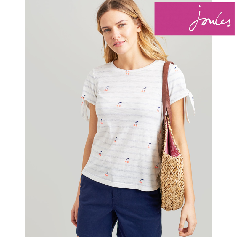 Joules Tiggy Ladies Tie Sleeve Top - White Cherry Stripe-1
