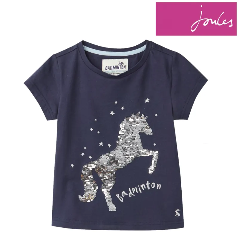 Joules Official Badminton Girls Sequin Horse T-Shirt - French Navy