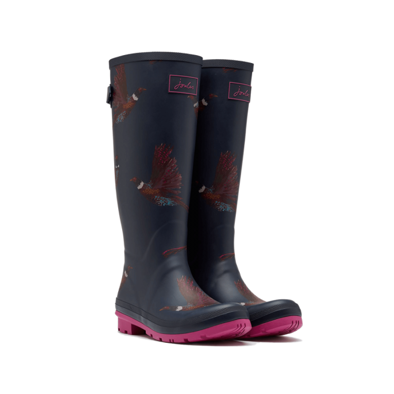 Joules Welly Print Wellies With Adjustable Back Gusset - Navy Birds-1