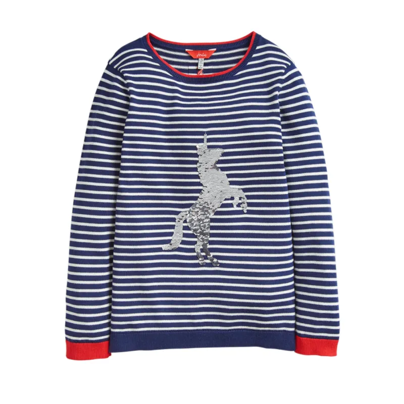 Joules Miranda Intarsia Girls Jumper - Navy Stripe Sequin Horse