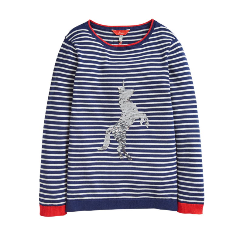 Joules Miranda Intarsia Girls Jumper - Navy Stripe Sequin Horse-1