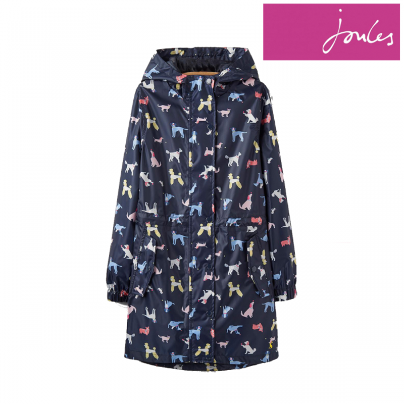 Joules Golightly Girls Packaway Waterproof Jacket - Navy Raining Dogs-1