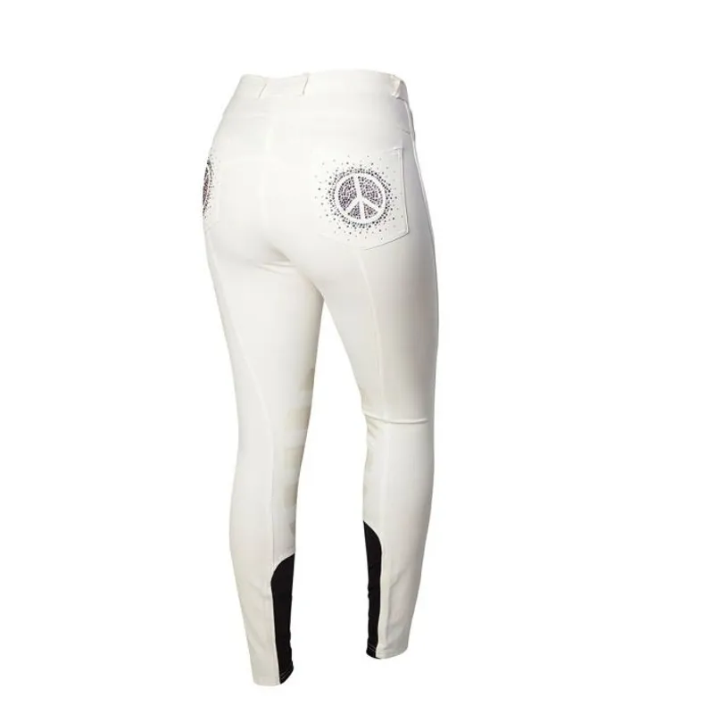 Montar Peace Sign Ladies Silicone Knee Patch Breeches - White