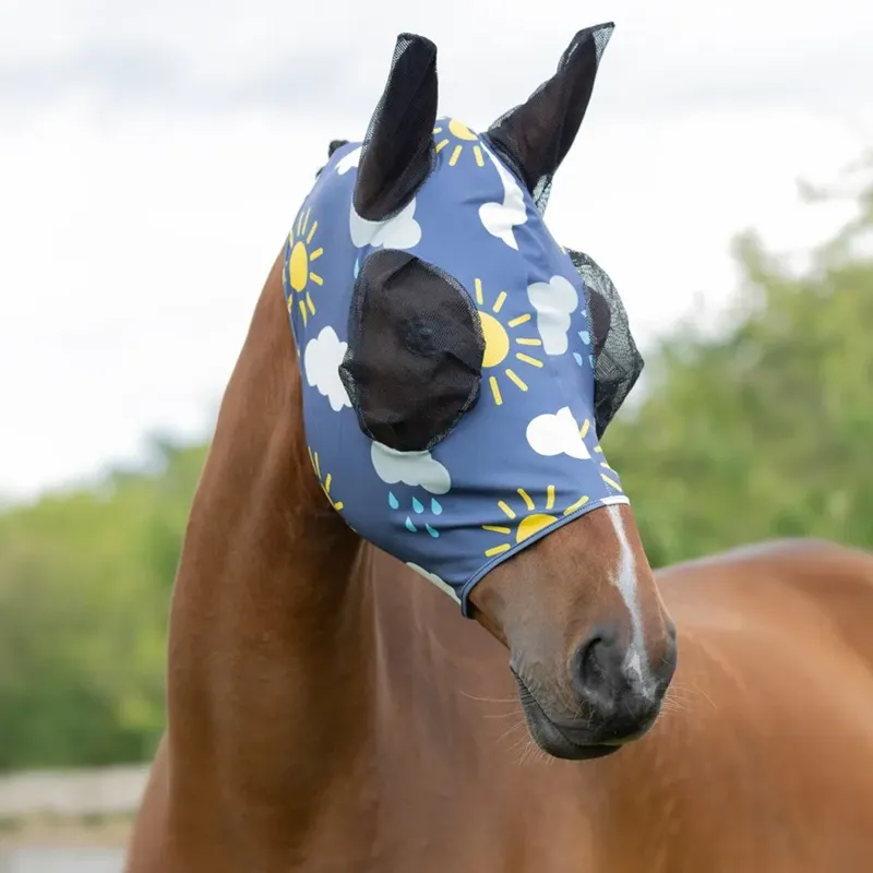 Hy Equestrian Lycra Come Rain or Shine Print Fly Mask - Navy/Blue/Yellow