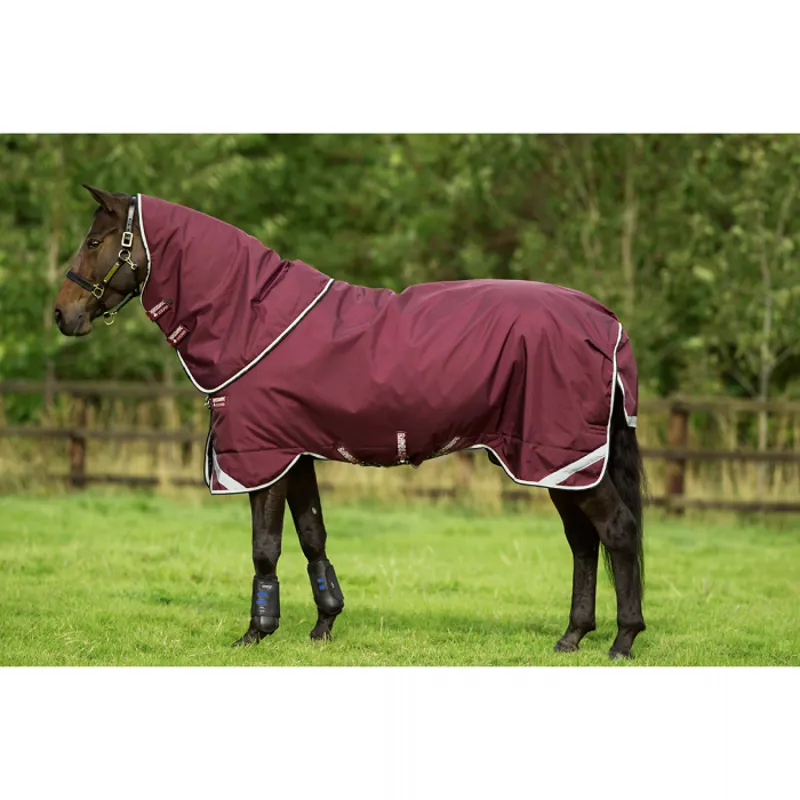 Horseware Rambo Duo Turnout Rug with 300g And 100g Liners and Detachable Hood - Burgundy/Duck Egg/Black