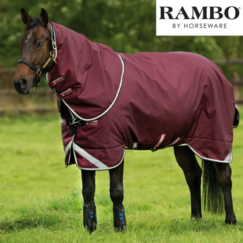 Horseware Rambo Duo Turnout Rug with 300g And 100g Liners and Detachable Hood - Burgundy/Duck Egg/Black-1