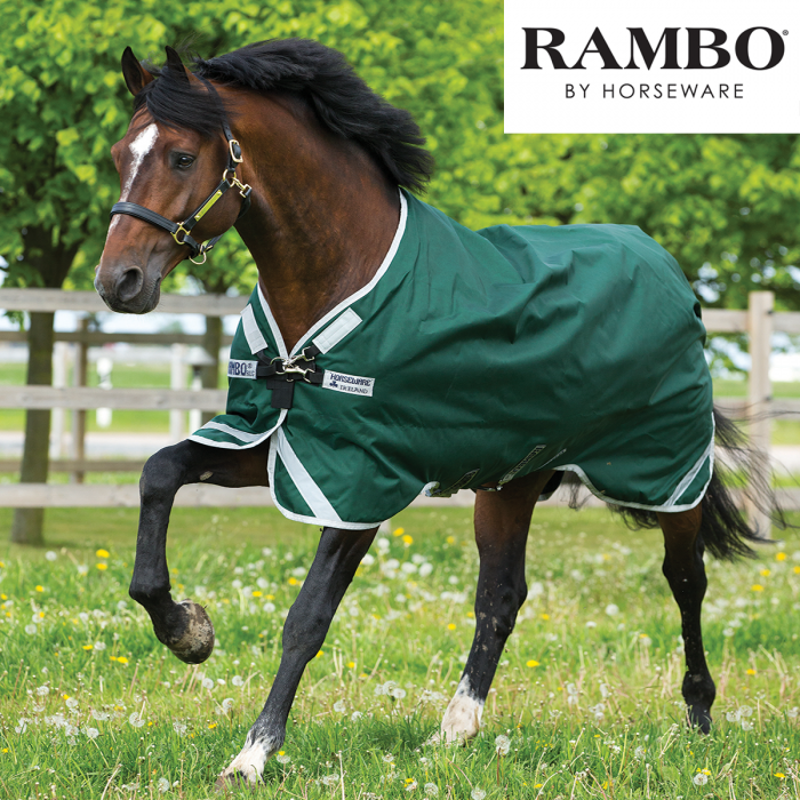 Rambo Original Lite Turnout Rug with Leg Arches - Green/Silver