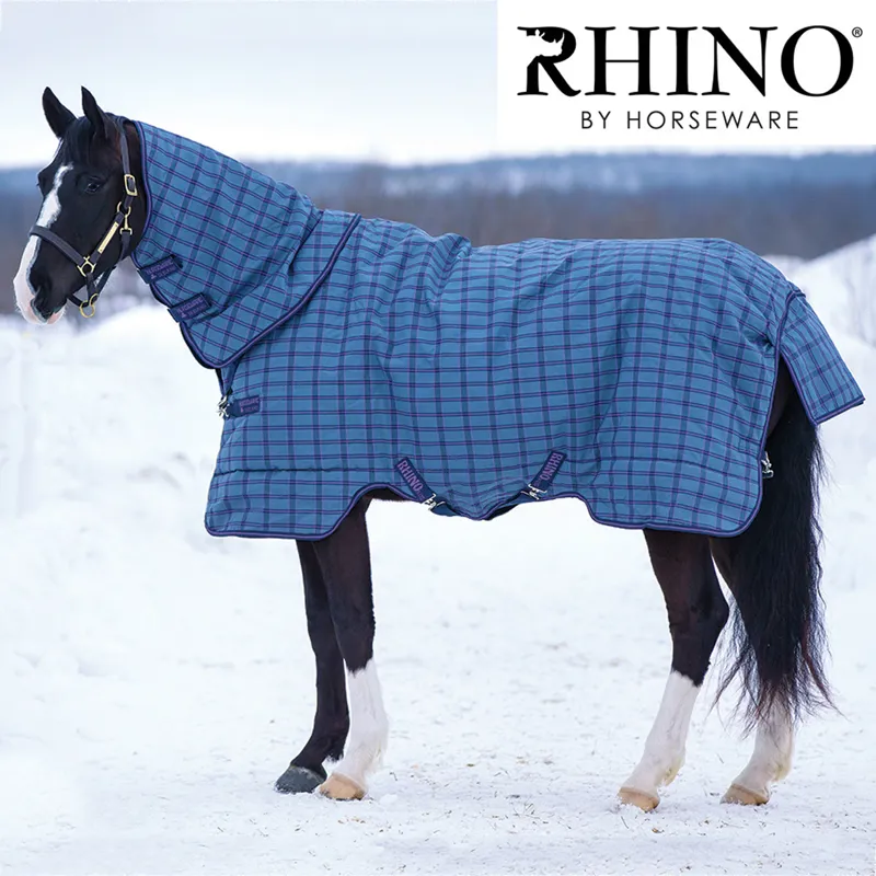 Horseware Rhino Plus Heavyweight Turnout Rug with Removable Hood 400g - Charcoal/Light Purple Check