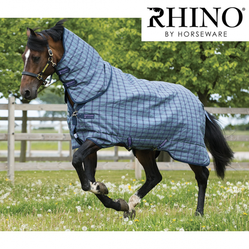 Rhino Plus Mediumweight Turnout Rug 200g - Charcoal/Light Purple Check-1
