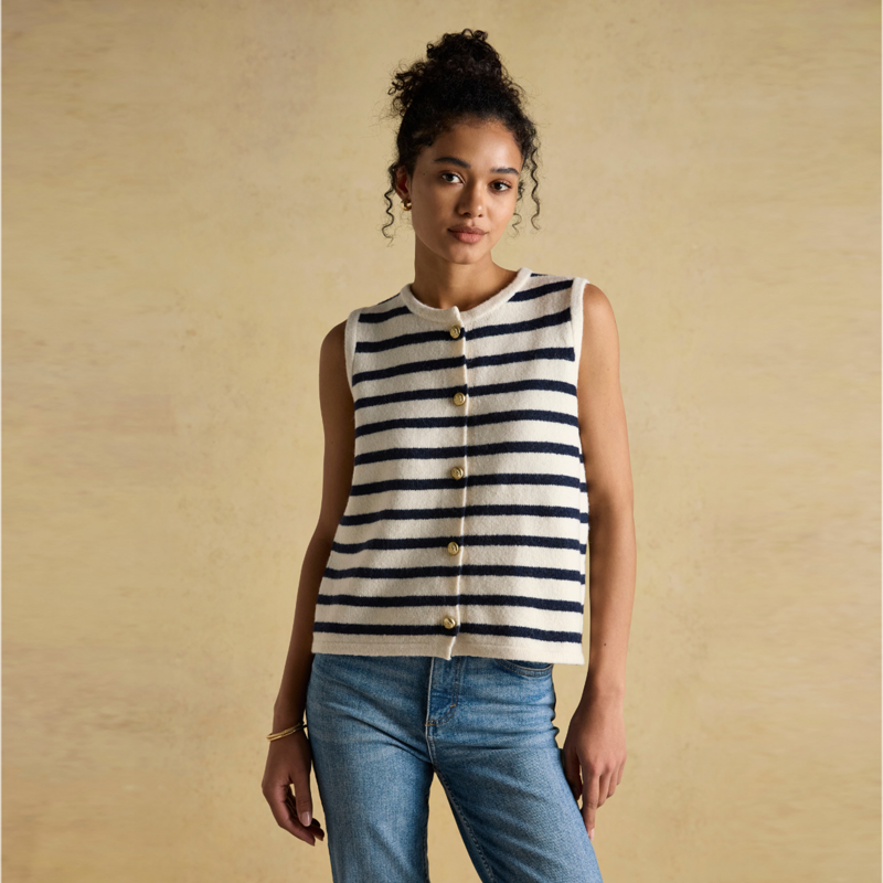 Joules Ladies Holly Button Through Knitted Vest - Cream/Navy