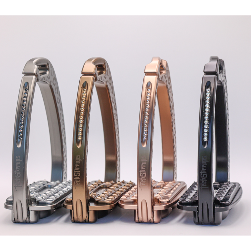 Tech Stirrups Children's Venice Sloped Evo Swarovski Safety Stirrups Untamed Collection Leopard Stirrups - Titanium/Night-8