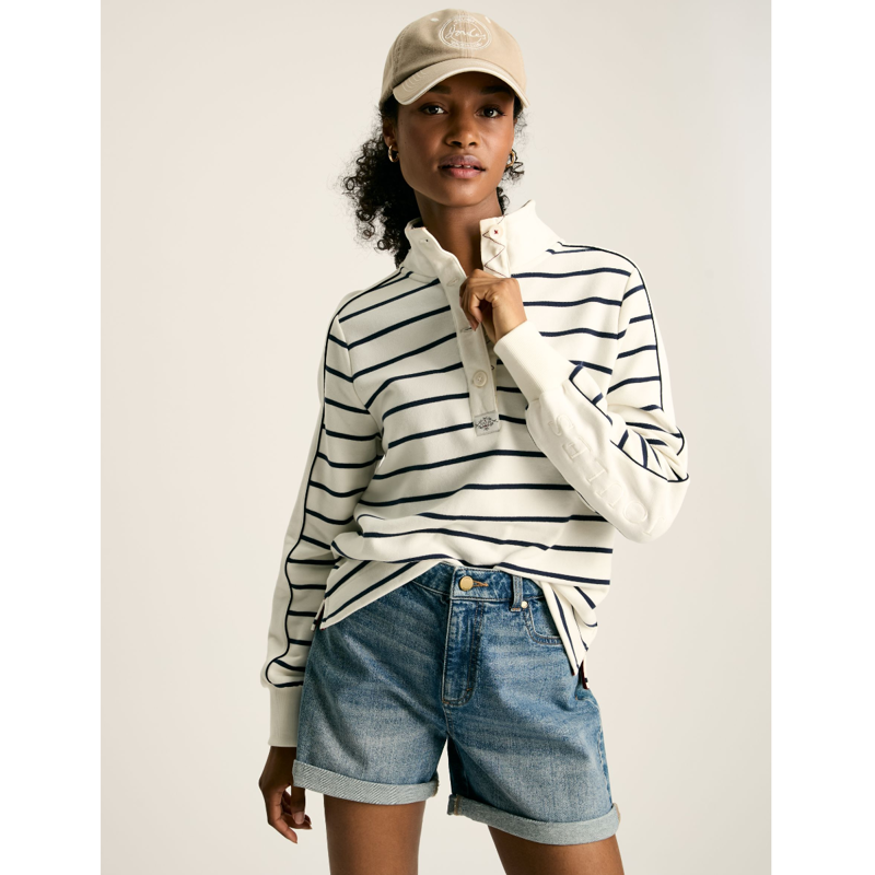 Joules Ladies Southwold Button Down Sweatshirt - Navy Cream Stripe-1