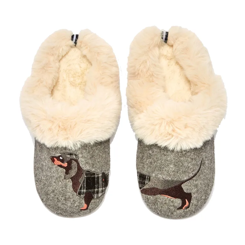 Joules Slippet Luxe Slip On Character Slippers - Tweed Sausage Dog