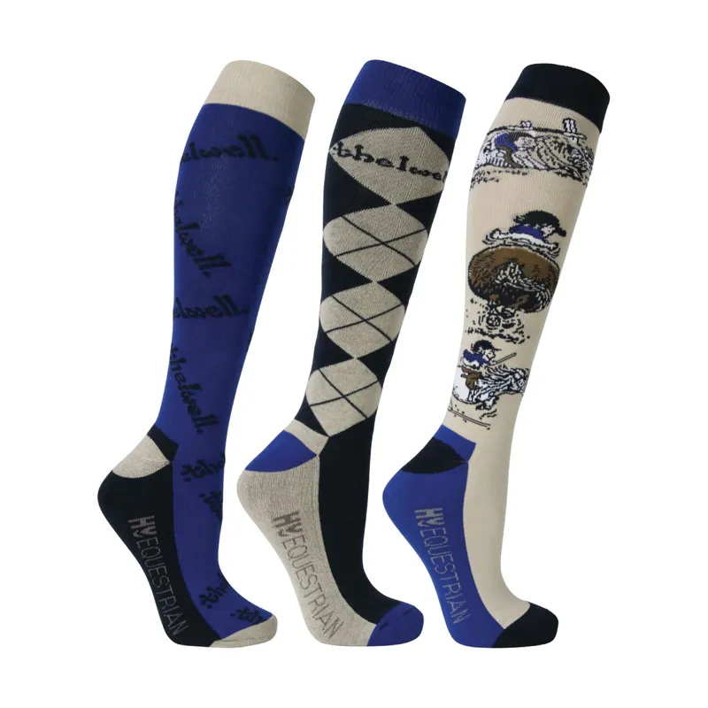 Hy Equestrian Thelwell Collection Jumps Socks - Classic Blue/Taupe/Navy adult