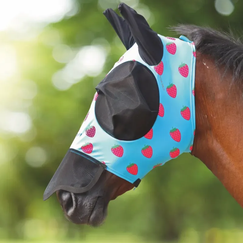 Shires Fruit print stretch fly mask with nose - Strawberry