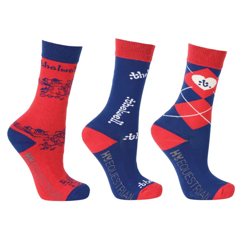 Hy Equestrian Children's Thelwell Collection Socks 3 Pack - Red/Blue/Red