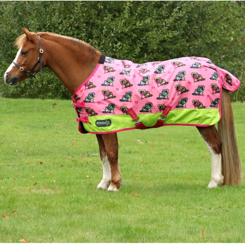 Hy StormX Original 0g Turnout Rug - Thelwell Collection Hugs - Pink/Lime/Hot Pink