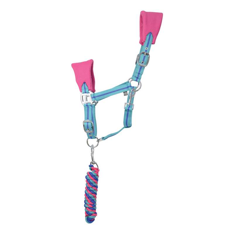 Hy Equestrian Zeddy Fleece Headcollar and Leadrope - Flamingo Pink/Turquoise/Cobalt
